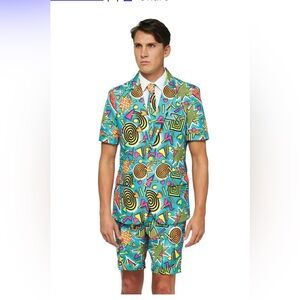 Suitmeister Retro Blue Colorful Geometric Patterned Suit Size L